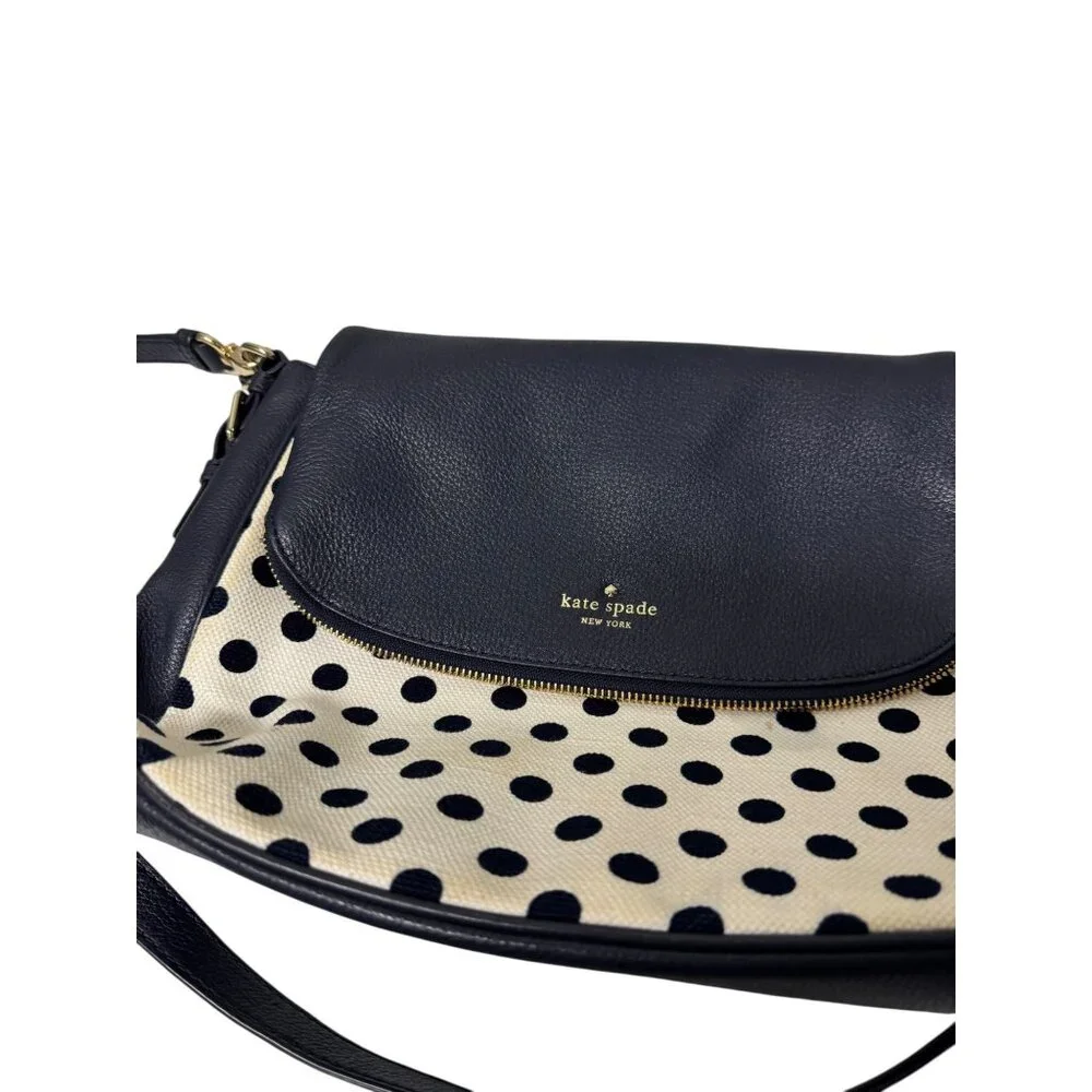 Kate‎ Spade Leather & Canvas Navy Blue And Cream White Polka Dot Shoulder Bag